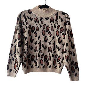 Hi Octane Leopard Shimmer Glitter Boho‎ Mock Neck Vintage Animal Print Sweater